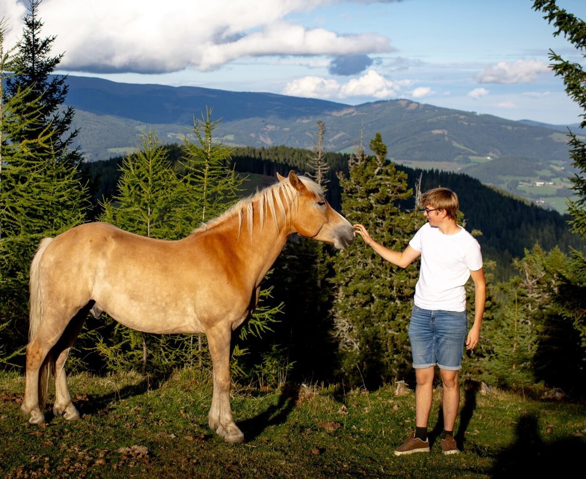 Ein Pferd auf der Almwiese mit einem Gast und Bergblick.