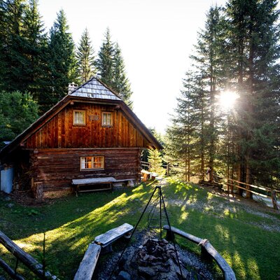 Die Alm, ein Holzgebäude umgeben von Wald, mit einer Feuerstelle und Sitzgelegenheiten im Freien.