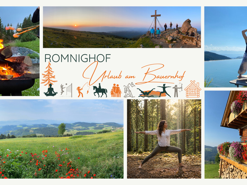 Eine Zusammenstellung von Erlebnissen auf dem Bauernhof, darunter ein Lagerfeuer, Bergblick, Yoga am Naturbadeteich, blühende Wiesen und das traditionelle Bauernhofgebäude.