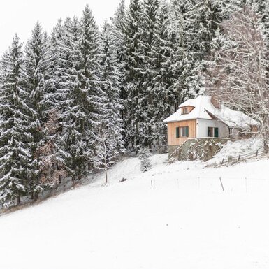 Die Alm in einer verschneiten Landschaft am Waldrand.