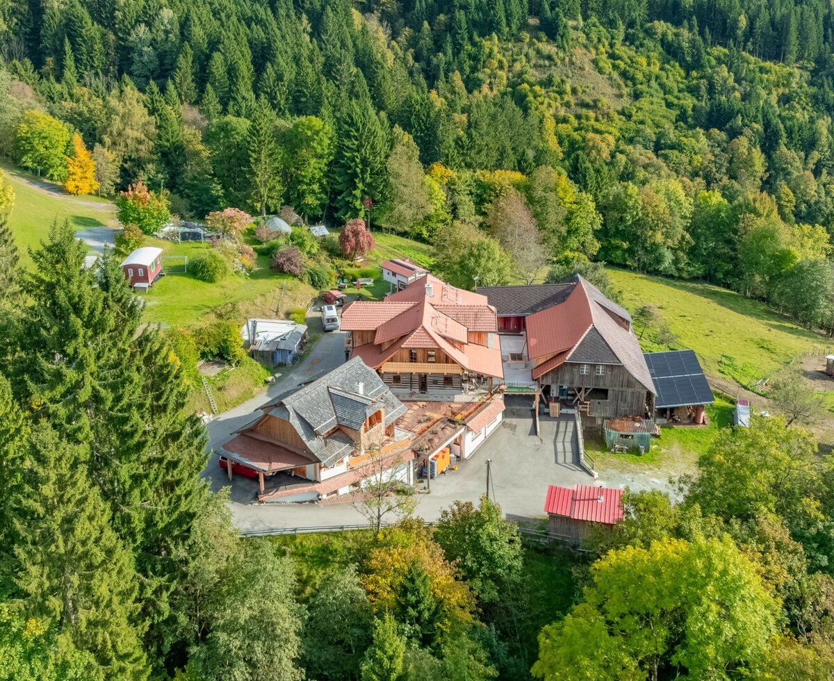 Das Ferienhaus-Anwesen mit mehreren Gebäuden, eingebettet in Wälder und grüne Hügel.