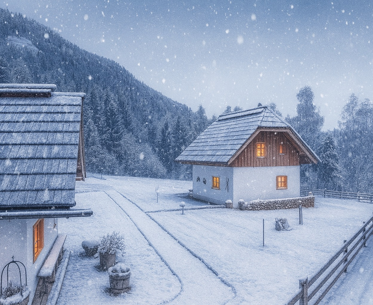Schneebedecktes Bauernhofgelände mit sanft fallendem Schnee, beleuchteten Fenstern der Gebäude und bewaldetem Hintergrund.