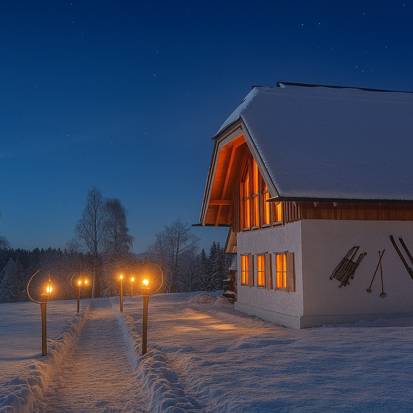 Der verschneite Bauernhof bei Nacht mit einem beleuchteten Weg, warm leuchtenden Fenstern und Skiern an der Wand.