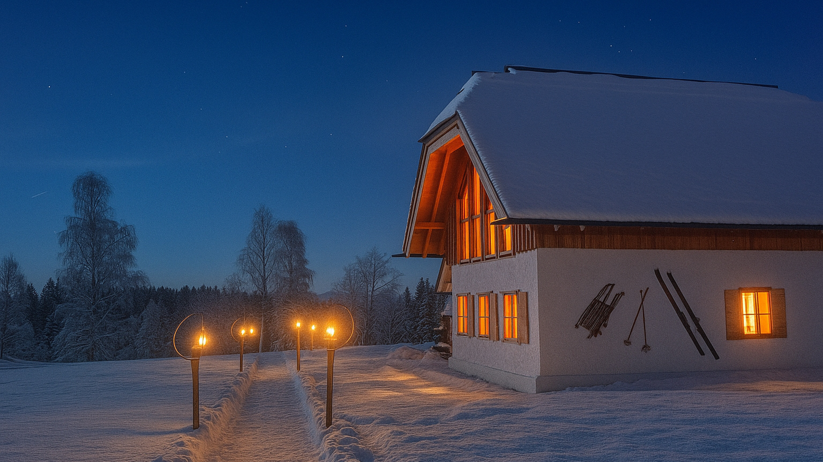 Der verschneite Bauernhof bei Nacht mit einem beleuchteten Weg, warm leuchtenden Fenstern und Skiern an der Wand.