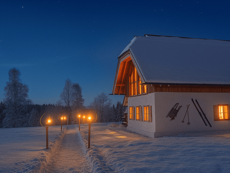 Der beleuchtete Bauernhof im Winter bei Nacht, mit einem Laternenweg durch den Schnee und Skiern an der Wand.