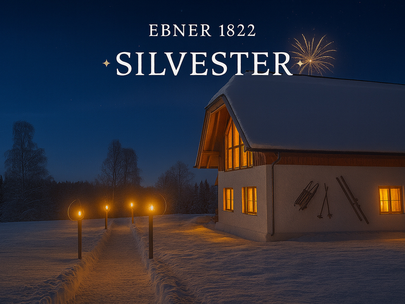 Der schneebedeckte Bauernhof bei Nacht, mit beleuchteten Fenstern, einem Laternenweg und Skiern an der Wand, unter einem Nachthimmel mit Feuerwerk.