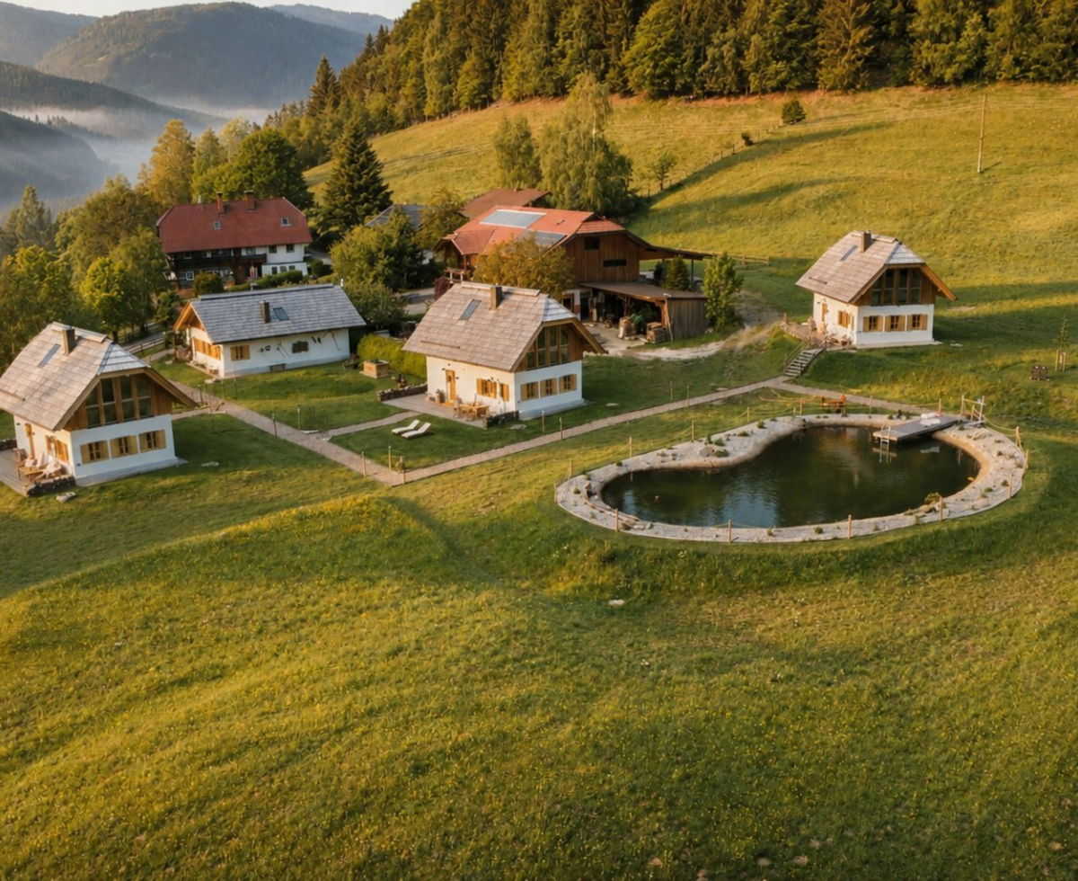 Luftaufnahme des Bauernhofs mit mehreren Ferienhäusern, einem Naturteich und umliegenden grünen Hügeln.