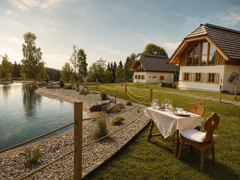 Außenbereich des Bauernhofs mit einem gedeckten Tisch für zwei Personen am See und zwei Bauernhöfen im Hintergrund.