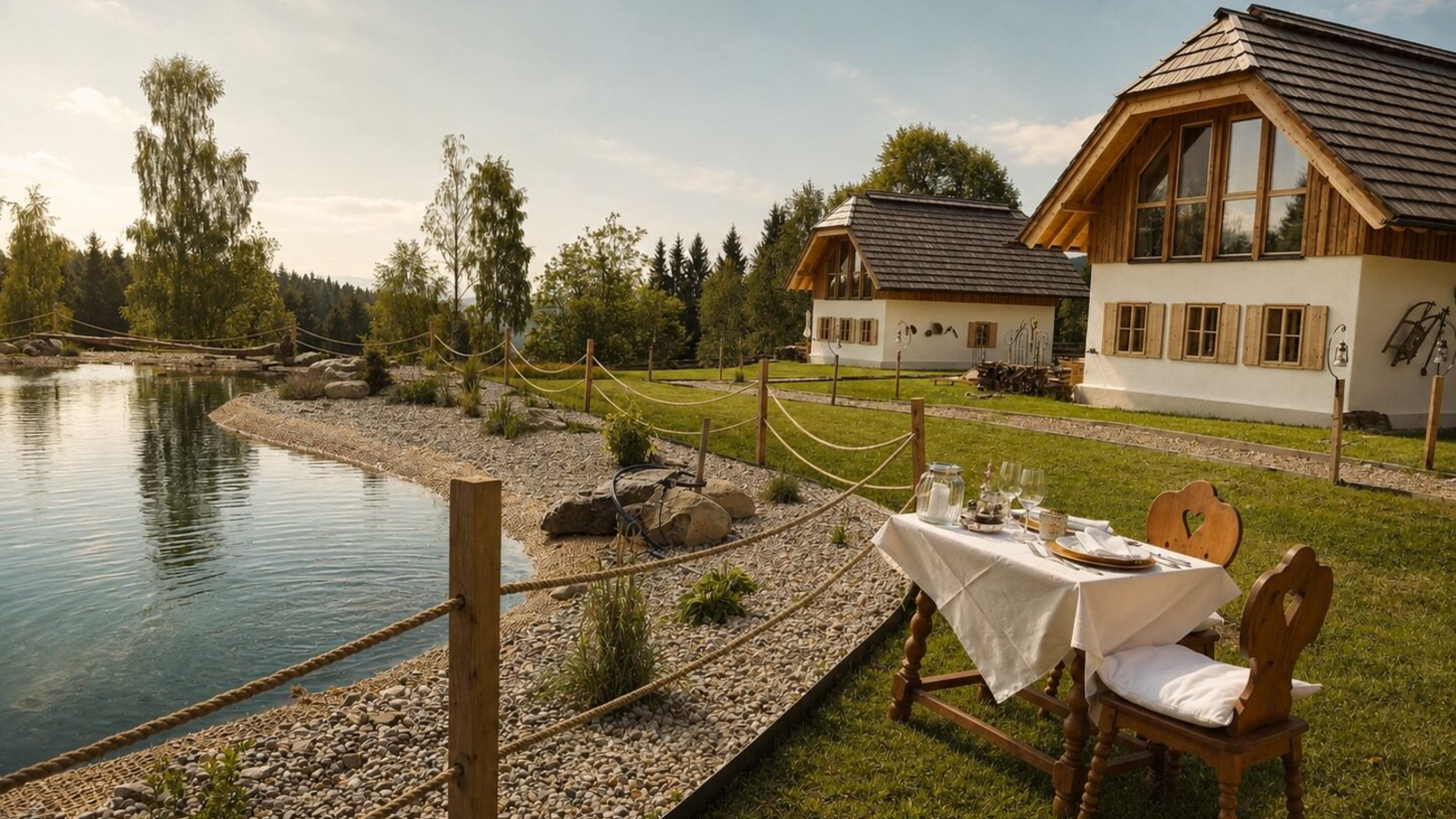 Außenbereich des Bauernhofs mit einem gedeckten Tisch für zwei Personen am See und zwei Bauernhöfen im Hintergrund.