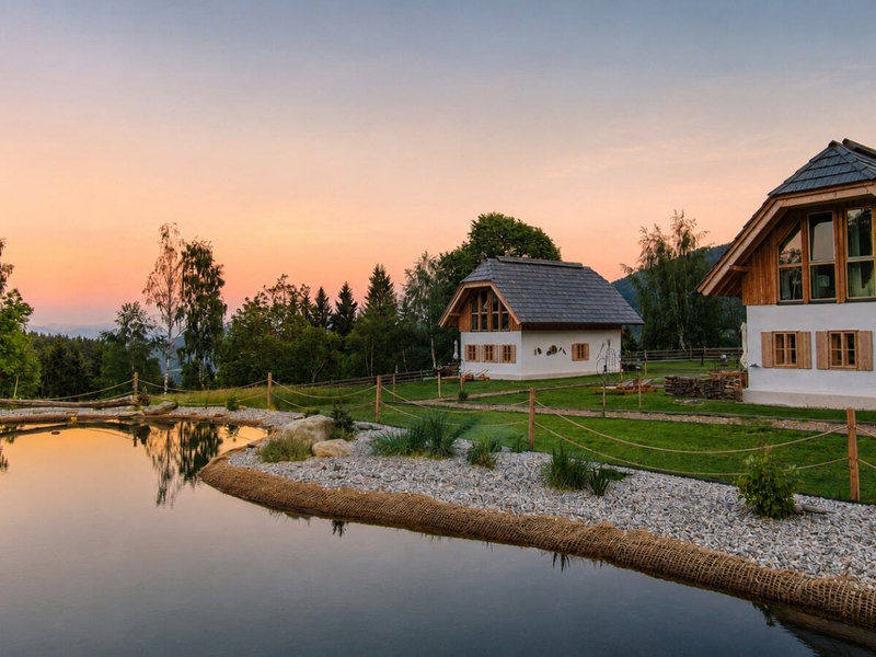 Zwei Naturhäuser und ein natürlicher Schwimmteich bei Sonnenuntergang, umgeben von grünen Hügeln und Bäumen.