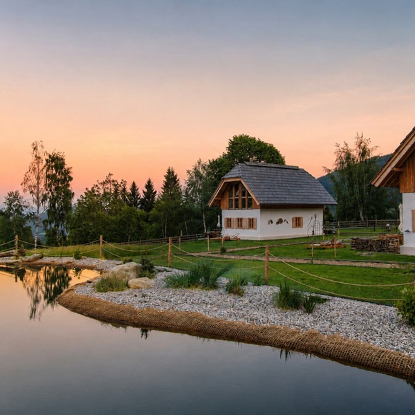 Zwei Naturhäuser und ein natürlicher Schwimmteich bei Sonnenuntergang, umgeben von grünen Hügeln und Bäumen.