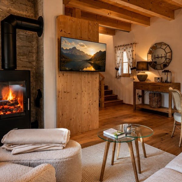 Die Stube des Ferienhauses mit Kaminofen, Sofa, Esstisch, Fernseher und einer Holztreppe, unter einer Holzbalkendecke.