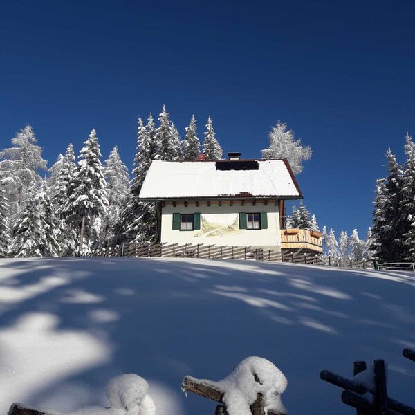 Die Alm in der Winterlandschaft mit schneebedeckten Bäumen und der Terrasse.
