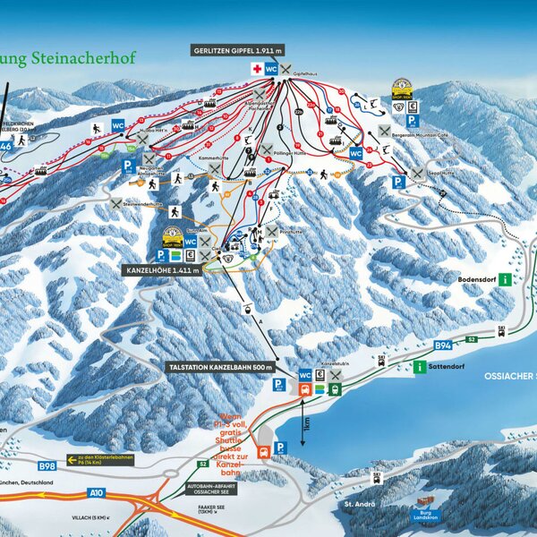 Die Skigebietskarte der Gerlitzen Alpe zeigt die Pisten und Lifte sowie die Lage der Ferienwohnung Steinacherhof und den Ossiacher See.