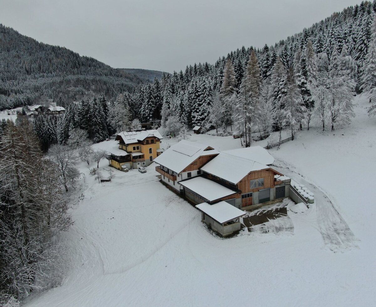 Der Bauernhof in einer verschneiten Berglandschaft mit umliegenden Wäldern.