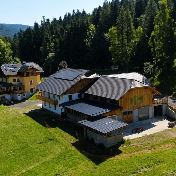 Ein idyllisch gelegener Bauernhof inmitten von saftig grünen Wiesen und dichten Wäldern.