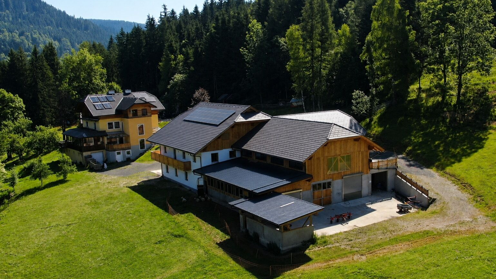 Ein idyllisch gelegener Bauernhof inmitten von saftig grünen Wiesen und dichten Wäldern.