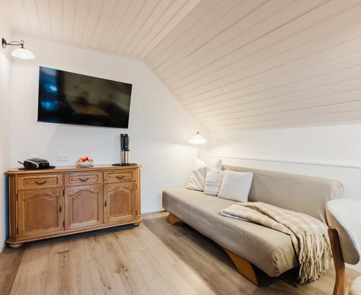Wohnbereich im Bauernhof mit großem 50' Flachbildschirm, rustikaler Holzkommode und gemütlichem Sofa - auch als Doppelbett nutzbar