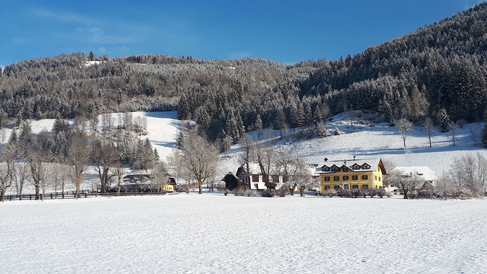 Außenansicht des Bauernhofs Fuggerhof im Winter, mit schneebedeckten Feldern und bewaldeten Hängen.