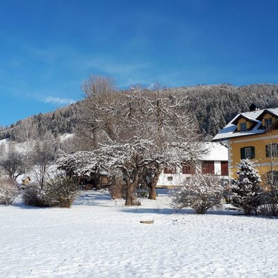 Der Bauernhof mit seinen Gebäuden in einer verschneiten Winterlandschaft, umgeben von Bäumen und Bergen.
