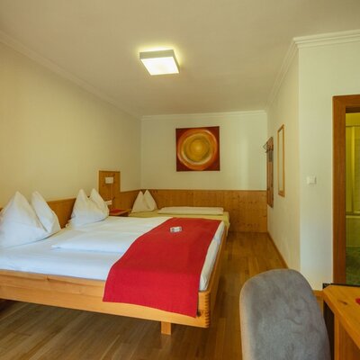Doppelzimmer im Bauernhof mit Doppelbett, zusätzlichem Einzelbett und Zugang zum Badezimmer.