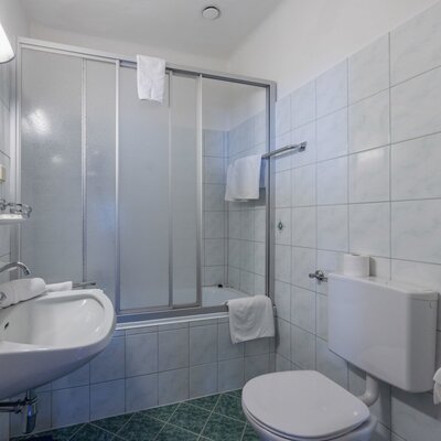 Badezimmer im Bauernhof mit Waschbecken, Toilette und Duschkabine über der Badewanne.