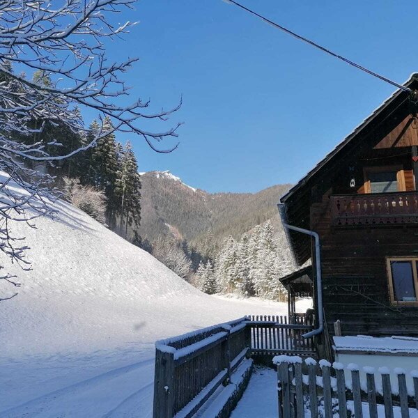Der Bauernhof mit Holzbalkon und verschneiter Umgebung vor einer Bergkulisse.