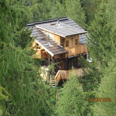 Die Alm, umgeben von Bäumen, mit hölzernen Balkonen.