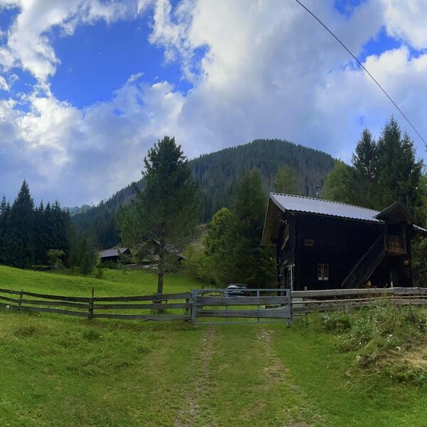 Eine urige Alm inmitten grüner Wiesen, umgeben von dichten Nadelbäumen und sanften Berghängen.