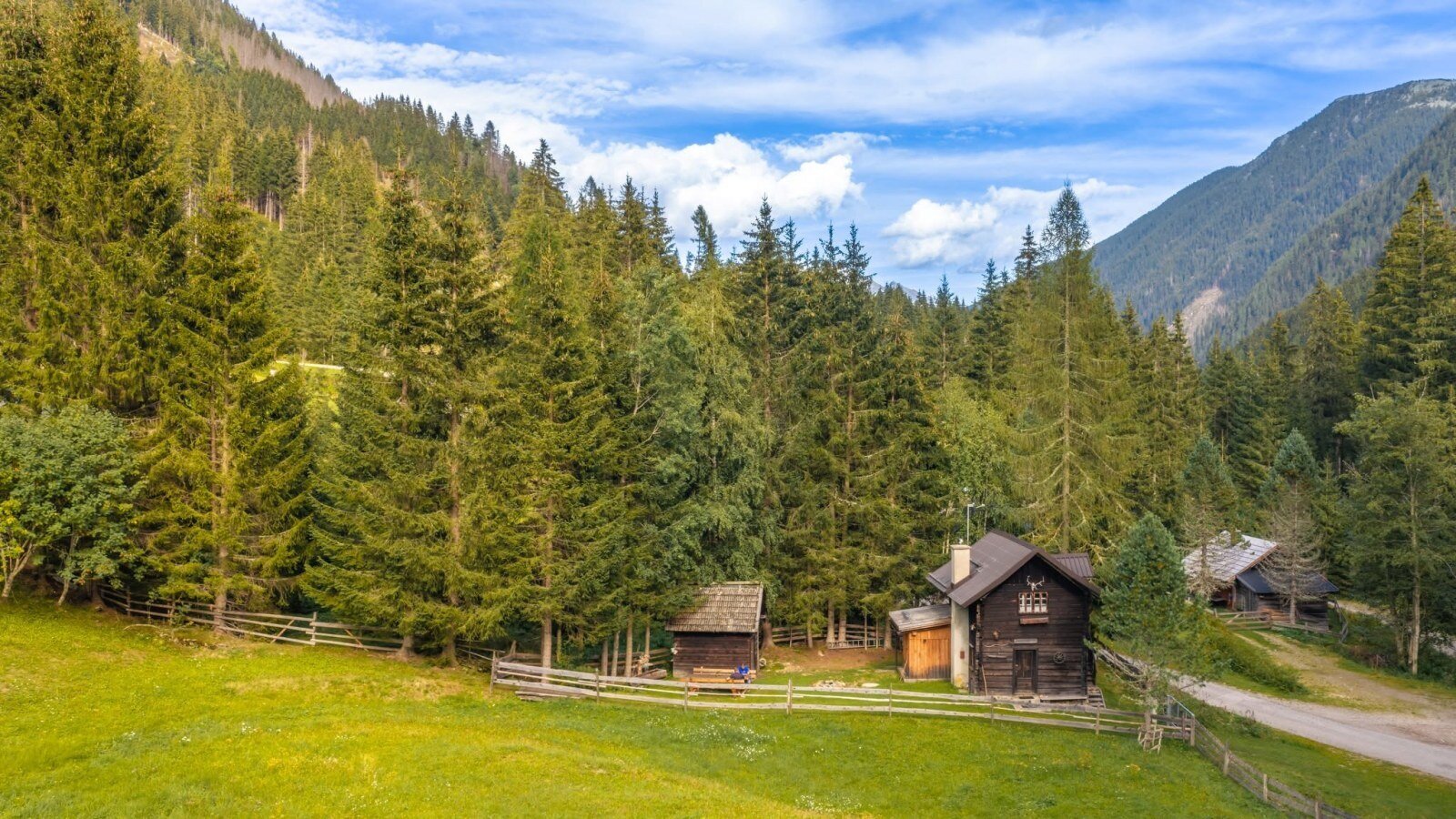 Eine urige Alm auf einer idyllischen Lichtung, umgeben von dichtem Nadelwald und sanften Berghängen.
