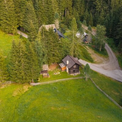 Die idyllische Alm umgeben von saftigen grünen Wiesen und dichten Nadelwäldern.