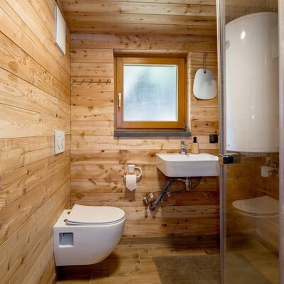 Ein modernes Badezimmer der Alm mit gemütlicher Holzverkleidung, einer Dusche und einem WC.