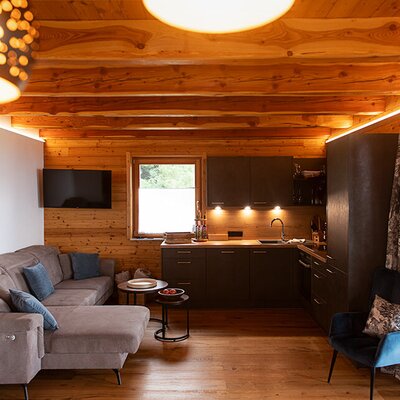 Wohnbereich des Ferienhauses mit Sofa, Fernseher, integrierter Küche und Holzbalkendecke.