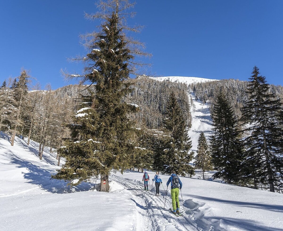 Skitourengeher auf einem verschneiten Weg in der Winterlandschaft mit Bäumen und einem Berg im Hintergrund, eine typische Aktivität in der Umgebung des Bauernhofs.