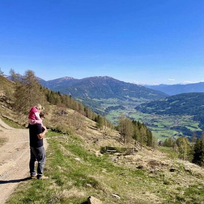 Wanderweg an der Alm mit Panoramablick auf das Tal und die Berge, ideal für Familienausflüge.