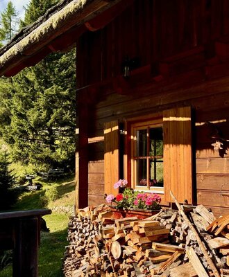 Außenansicht der Alm mit Holzfassade, Fensterläden, Blumenkästen und einem Holzstapel.