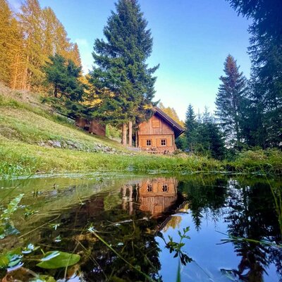 Die Alm, umgeben von Wald, spiegelt sich in einem kleinen Teich.