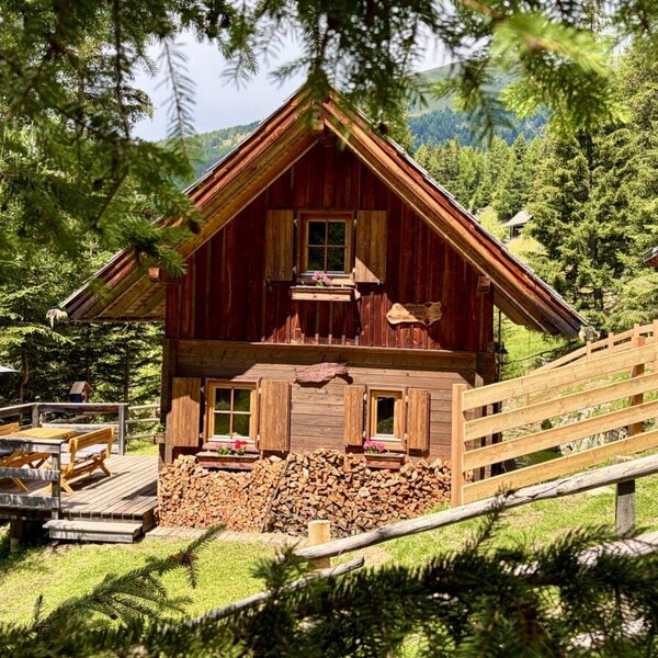 Eine urige Alm mit einer einladenden Holzterrasse, aufgestapeltem Brennholz und umgeben von dichten Wäldern.