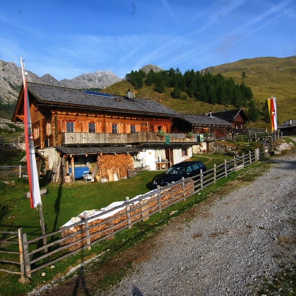 Die Alm in traditioneller Holzbauweise mit Balkon und Zufahrt inmitten der Gebirgslandschaft.