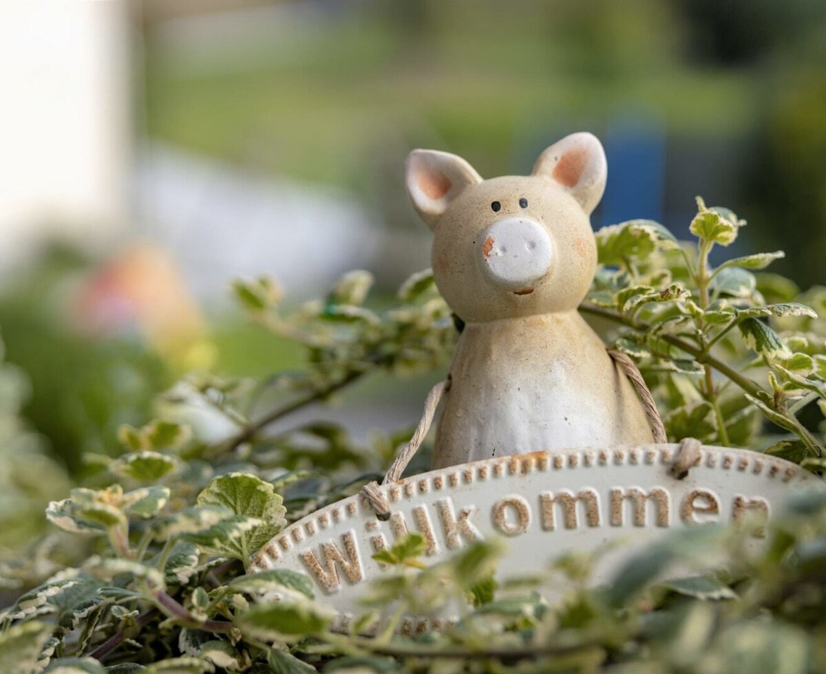 Eine Keramikschwein-Figur mit einem "Willkommen"-Schild begrüßt die Gäste auf dem Bauernhof.