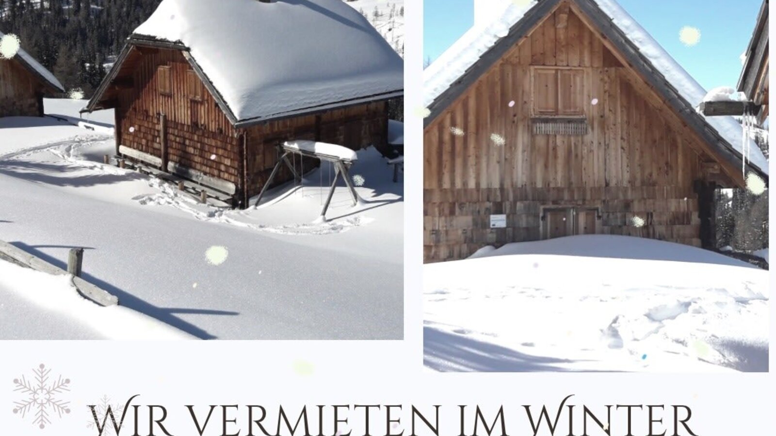 Außenansicht der Alm im Winter, bedeckt mit Schnee und umgeben von einer Berglandschaft.