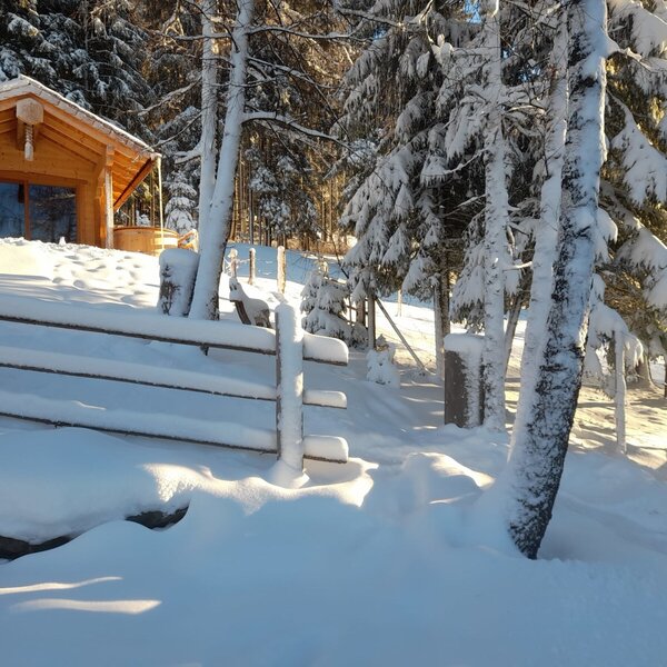 Die schneebedeckte Alm mit einem Holzzaun im Vordergrund und einem Whirlpool im verschneiten Wald.