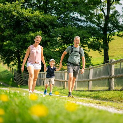 Eine Familie mit zwei Erwachsenen und einem Kind beim Spaziergang auf einem Weg in der grünen Umgebung des Bauernhofs.