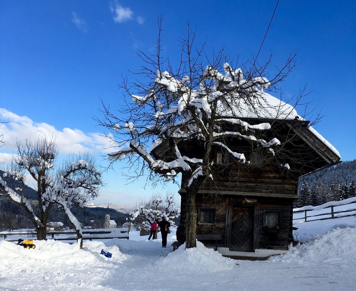 Das traditionelle Holzhaus des Bauernhofs im Winter, umgeben von Schnee und Bäumen, mit sichtbaren Rodelmöglichkeiten.