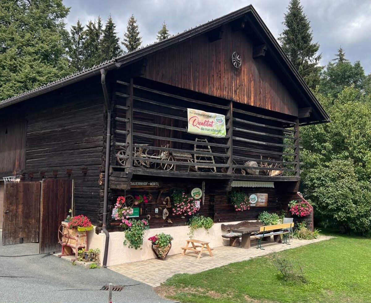 Der urige Holzstadel des Bauernhofs mit einladenden Sitzgelegenheiten im Freien, farbenfrohem Blumenschmuck und einer grünen Wiese.