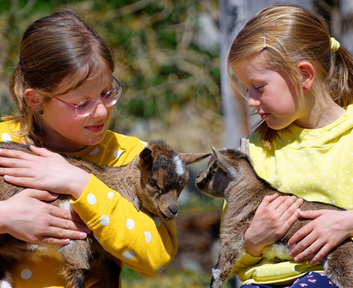 Zwei Mädchen halten junge Ziegen auf dem Bauernhof.