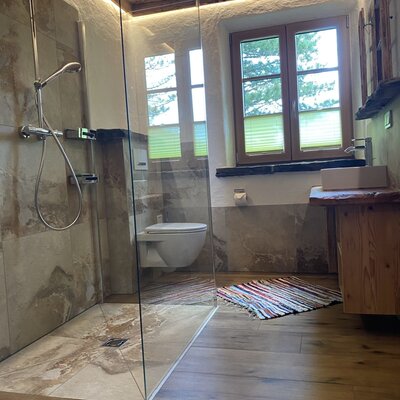 Badezimmer in der Alm mit begehbarer Dusche, WC, Waschbecken und Fenster.