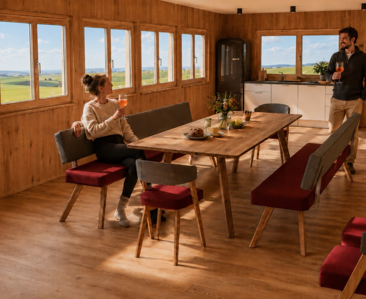 Der offene Raum dient als Aufenthalts- und Gemeinschaftsbereich für Gäste und ergänzt unser Urlaub-am-Bauernhof-Angebot.