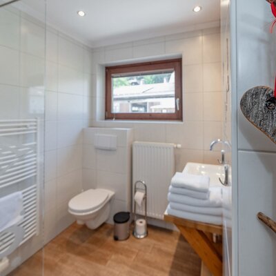 Badezimmer im Bauernhof mit Duschbereich, WC, Waschbecken und beheiztem Handtuchhalter.