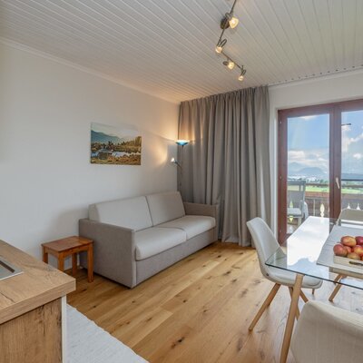 Der Wohnbereich des Bauernhofs verfügt über ein Sofa, einen Esstisch und eine Küchenzeile mit Zugang zu einem Balkon mit Bergblick.